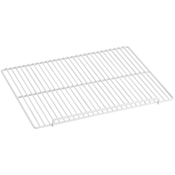 A white wire rack with a metal handle.
