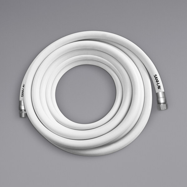 A white Sani-Lav washdown hose with stainless steel ends.