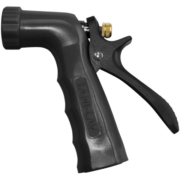 A Sani-Lav black insulated spray nozzle with a black plastic handle and a yellow knob.