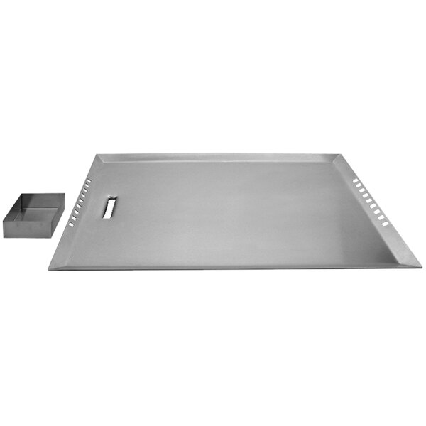 A white rectangular stainless steel grill top tray with a handle.