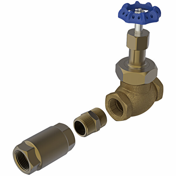 A blue metal Sani-Lav globe valve handle.