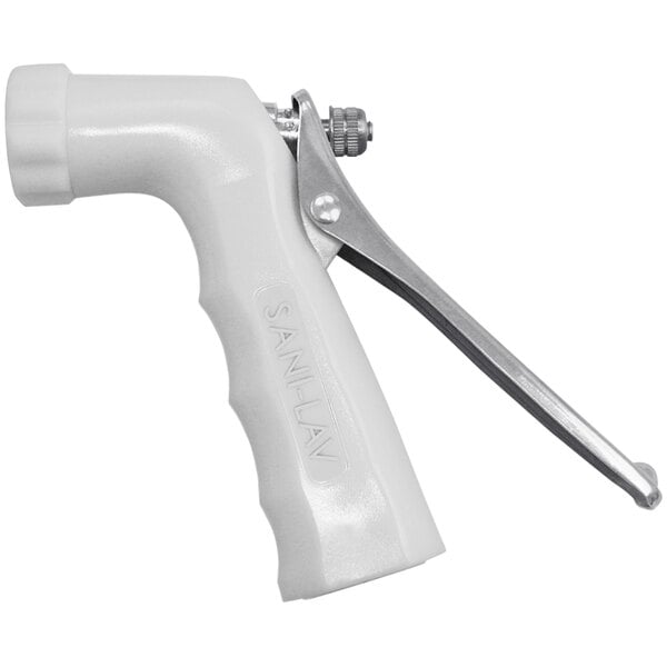 A white plastic Sani-Lav spray nozzle with a stainless steel handle.