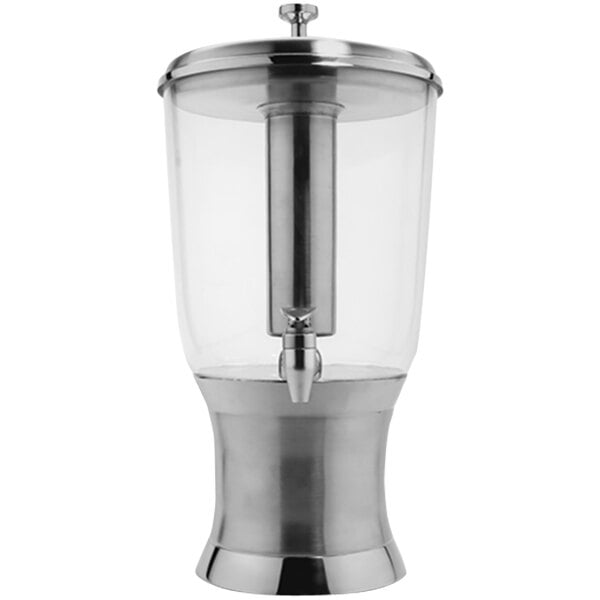 A silver stainless steel GET beverage dispenser with a clear Triton lid and spout.