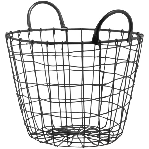 A round metal grey wire basket with loop handles.