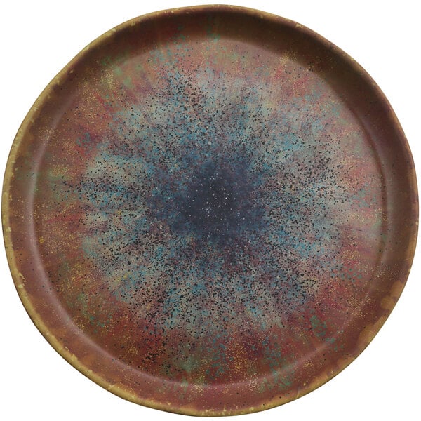 A cheforward by GET Savor round melamine plate with a blue and purple speckled design.