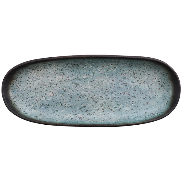 A robin's egg blue oval melamine plate with a speckled design.