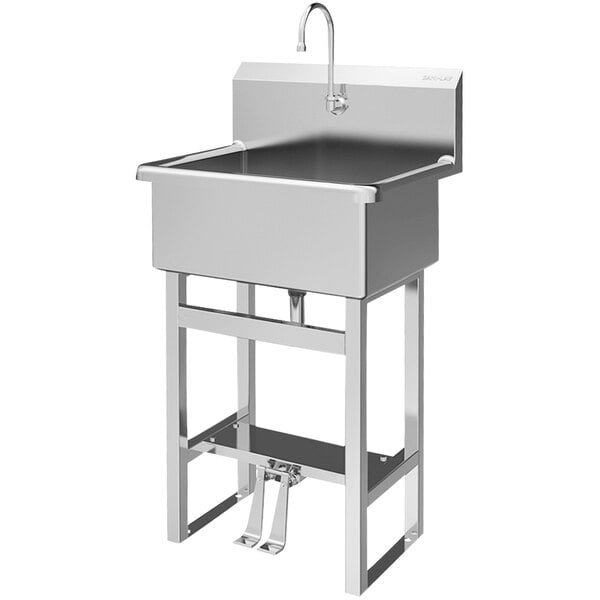 A large stainless steel Sani-Lav scrub sink with a foot pedal faucet.