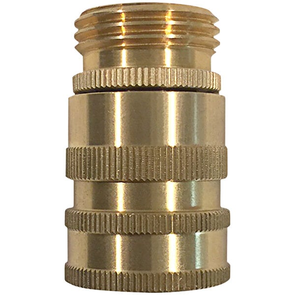 A close-up of a brass Sani-Lav hose adapter with threaded connections.