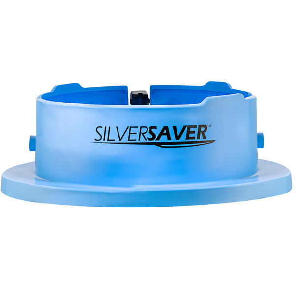 A SilverSaver flatware retriever lid with black text on a blue background.