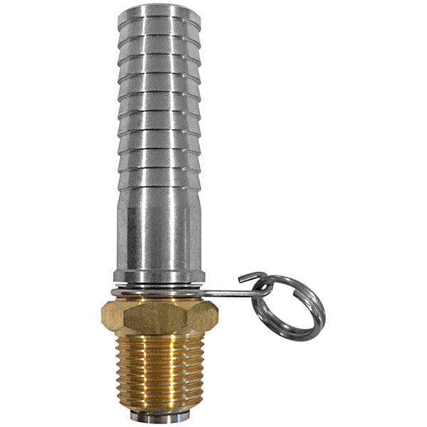 A Sani-Lav brass and stainless steel swivel hose adapter with a metal pipe attachment.