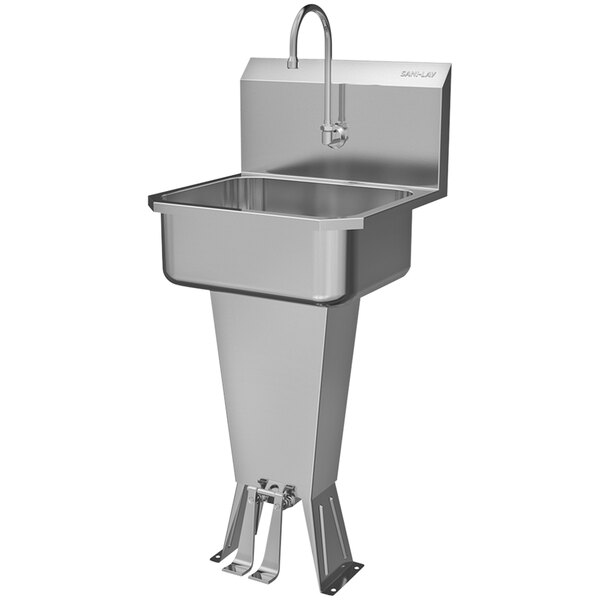 A Sani-Lav stainless steel utility sink with a foot-operated faucet.
