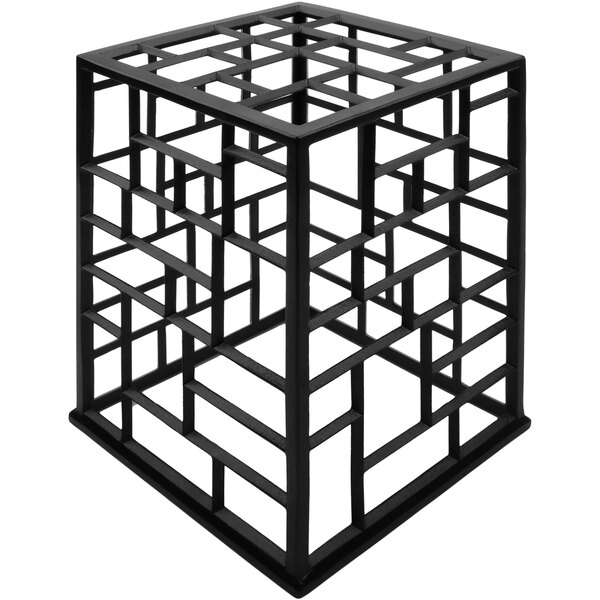 A black metal cube display riser with a geometric design.