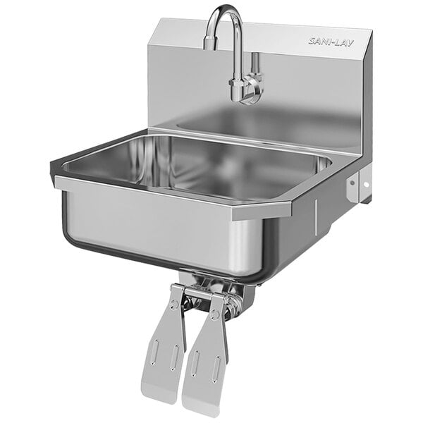 A Sani-Lav stainless steel wall mounted utility sink with two knee-operated faucets.