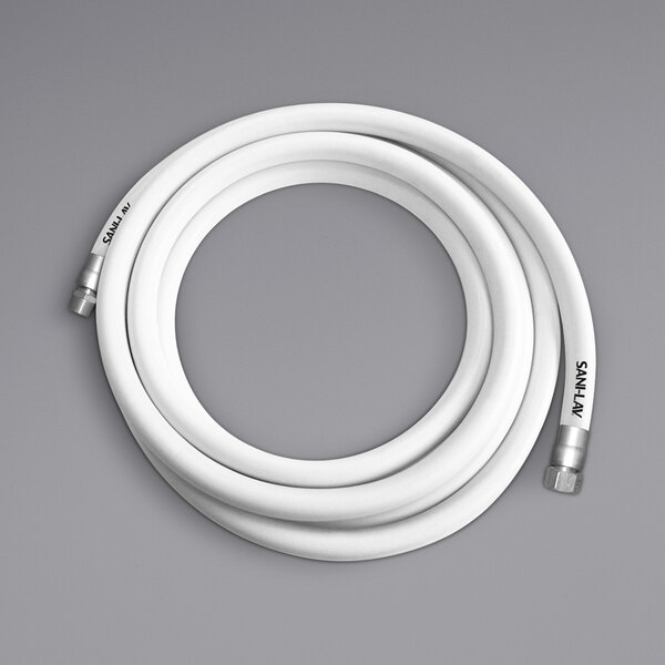 A white Sani-Lav washdown hose with stainless steel connectors.