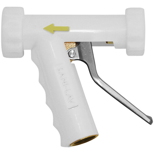 A white Sani-Lav industrial spray nozzle with a stainless steel handle.
