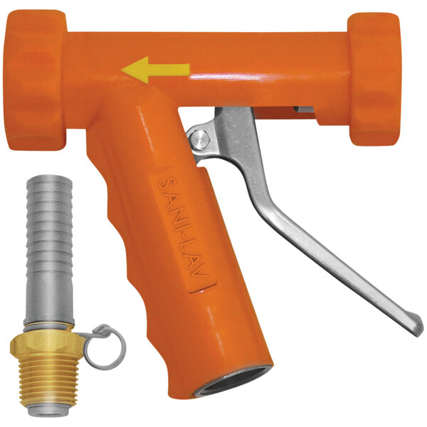 A close-up of a Sani-Lav orange industrial spray nozzle with a stainless steel handle.