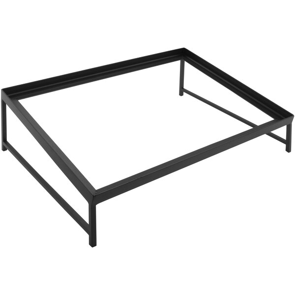 A gray rectangular angled stand with a black metal frame.