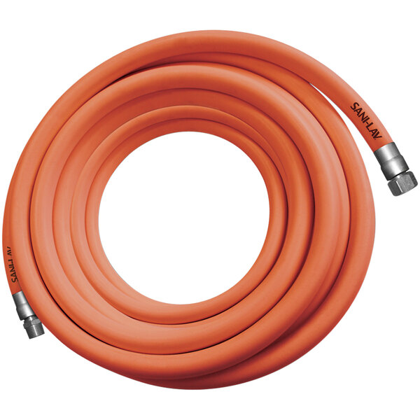 An orange Sani-Lav washdown hose with metal connectors.
