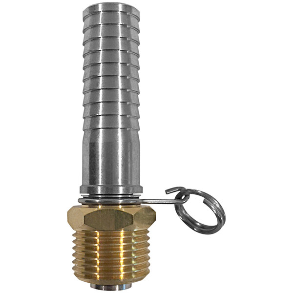 A close up of a Sani-Lav brass and stainless steel swivel hose adapter.
