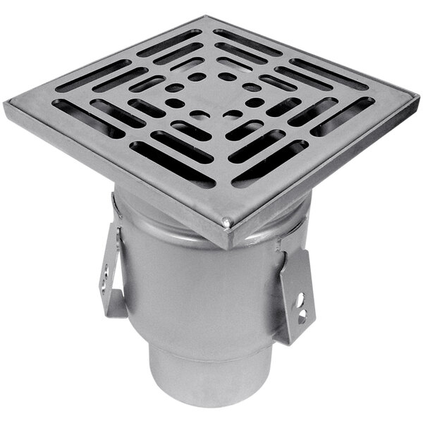 A Josam stainless steel square floor drain with a stainless steel cover.