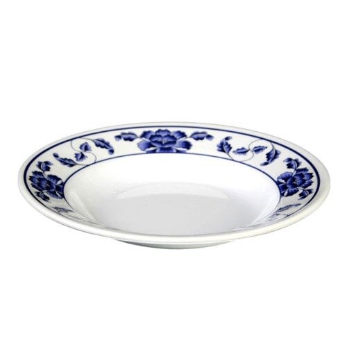 A white melamine plate with blue flowers on it.