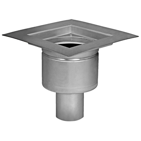 A stainless steel liner for a square floor drain with a metal pipe outlet.