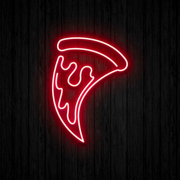 A neon sign with a pizza slice in flames.