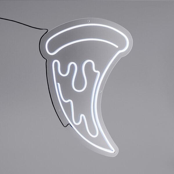 A white neon sign with a pizza slice.