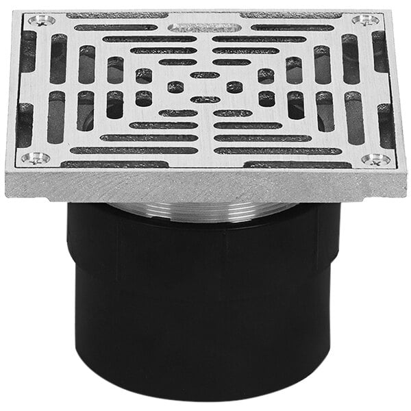 A Josam square metal floor drain with a silver metal and black plastic strainer.