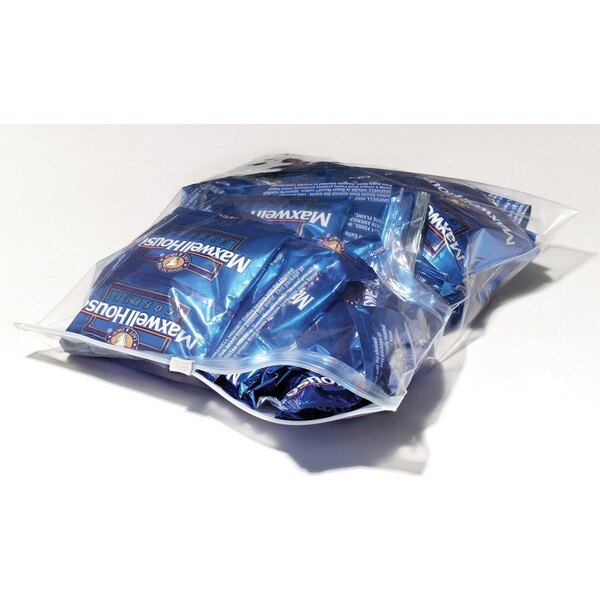 A LK Packaging plastic food bag filled with blue packages on a white surface.
