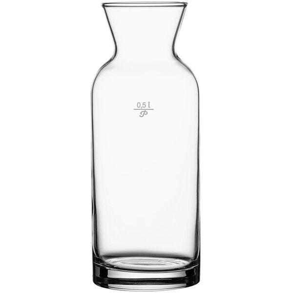 A clear glass Pasabahce Village carafe with a white background.