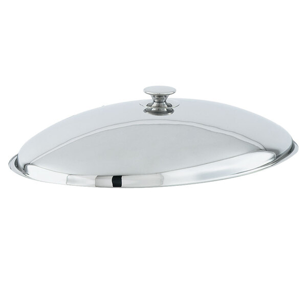 A Vollrath stainless steel Orion chafer lid with a metal handle.