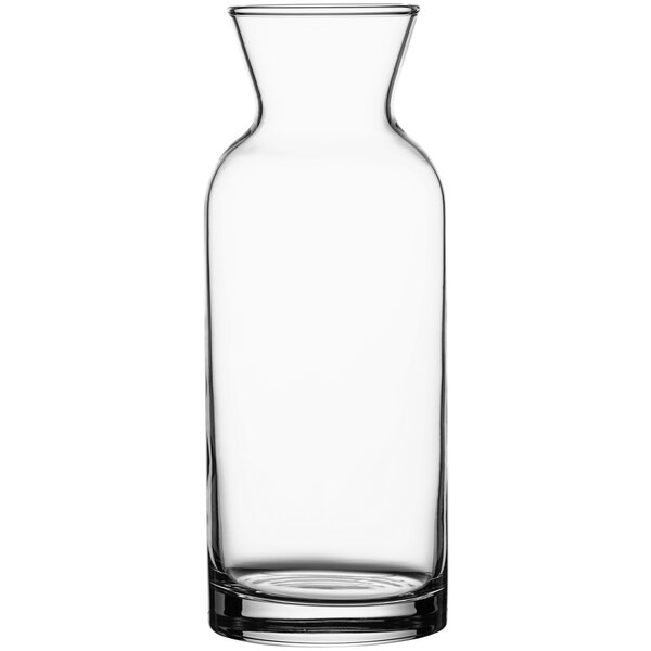 A Pasabahce clear glass carafe with a white background.