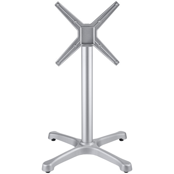 A silver FLAT Tech aluminum table base with an x-shaped stand.
