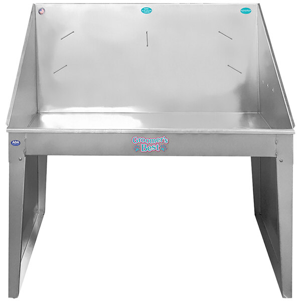 A silver metal Groomer's Best bathing tub with legs.