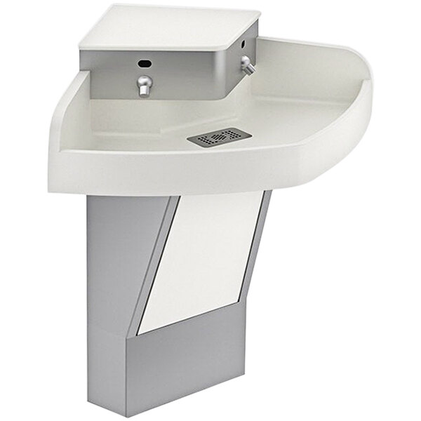 A white SloanStone wall mounted hand sink with a silver rectangular base.