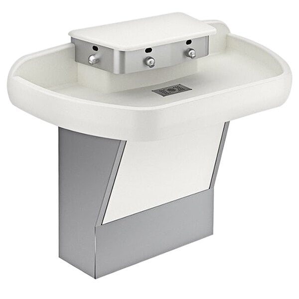A white and grey SloanStone wall mounted hand sink with soap dispensers.