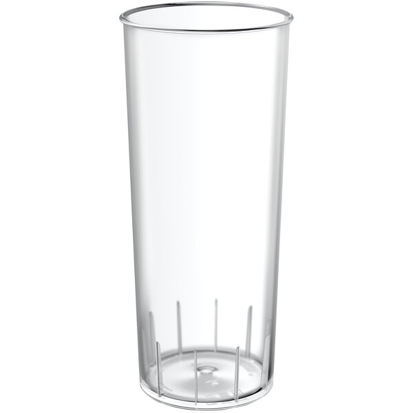 A clear plastic cup with a black lid.