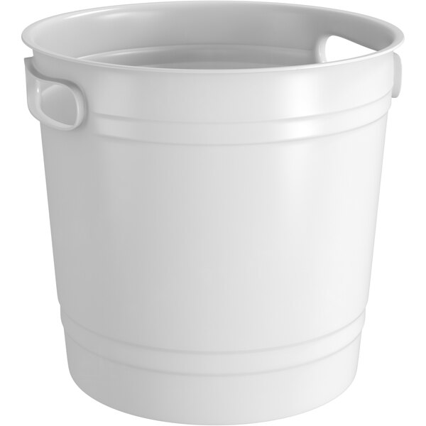 A white customizable IML hard plastic popcorn bucket with a handle.