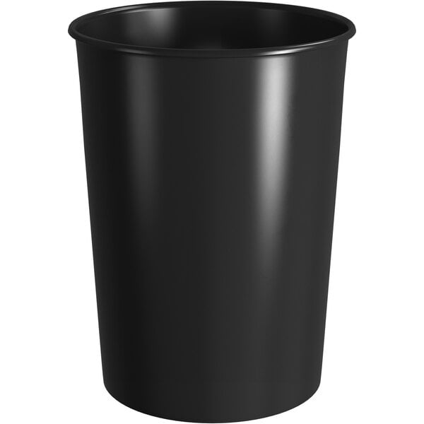 A black plastic cup with a white background.