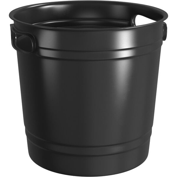 A black hard plastic popcorn bucket with handles.