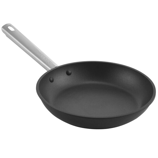 A close-up of a black Spring USA Endurance tri-ply aluminum non-stick frying pan with a stainless steel handle.