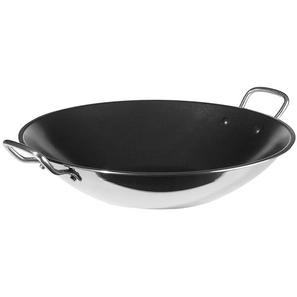 A black Spring USA Vulcano wok with stainless steel handles.