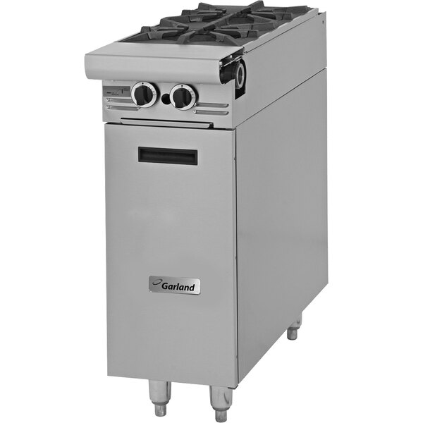 A stainless steel Garland gas range attachment with two burners.
