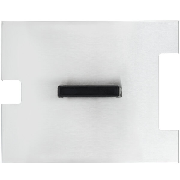 A black rectangular metal plate with a black handle.