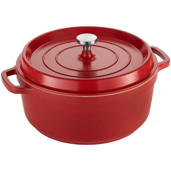 A Spring USA Ironlite red casserole dish with a lid.