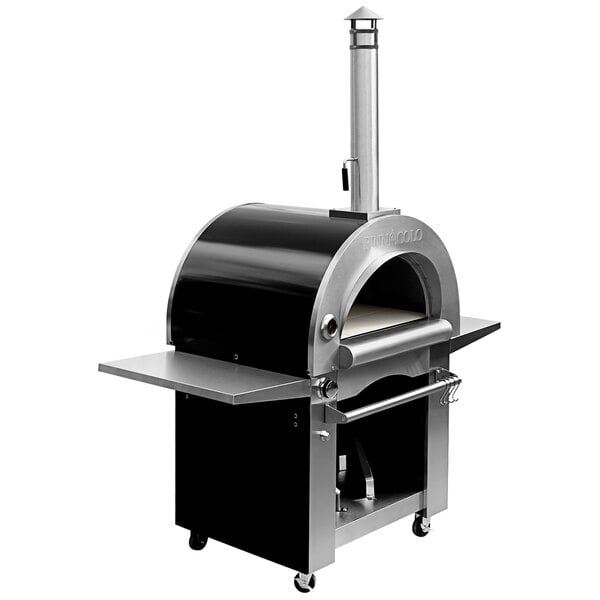 A black and silver Pinnacolo hybrid wood/gas-fired outdoor pizza oven.