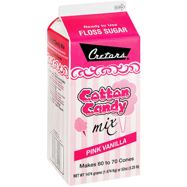 A pink and white carton of Cretors pink vanilla cotton candy floss sugar.