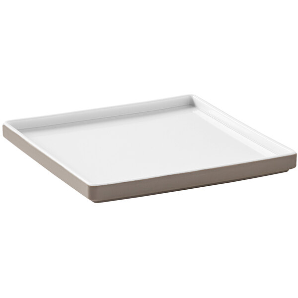 An American Metalcraft Unity white square melamine plate with a mocha border.
