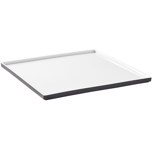 An American Metalcraft white square melamine plate with a black border.